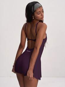 PinkTip Summer Backless Yoga Dress With Built-In Tummy Control Shorts, Criss-Cross Back Support For Gym And Outdoor Sports - Purple - View 5