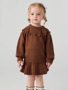 mini bala Girls Set Baby Not Easy To Pill Wool Blend Long Sleeve Top With Skirt Winter New - Yellow Coffee Tone - View 3
