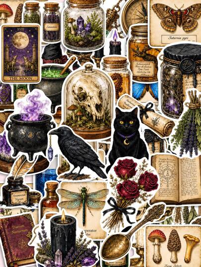 50 piezas de pegatinas de diario de laboratorio de magia oscura de bruja, diseño con tema de laboratorio mágico, motivos dibujados a mano de cartas de tarot, calderos, frascos de especímenes, libros de hechizos antiguos, hongos silvestres, para bicicleta, libros, organizador de escritorio, patineta, decoración de caja de documentos