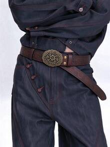 1pc Western Vintage Embossed PU Dark Belt, Casual Versatile Daily Wear Holiday Gift Accessory - Multicolor - View 1