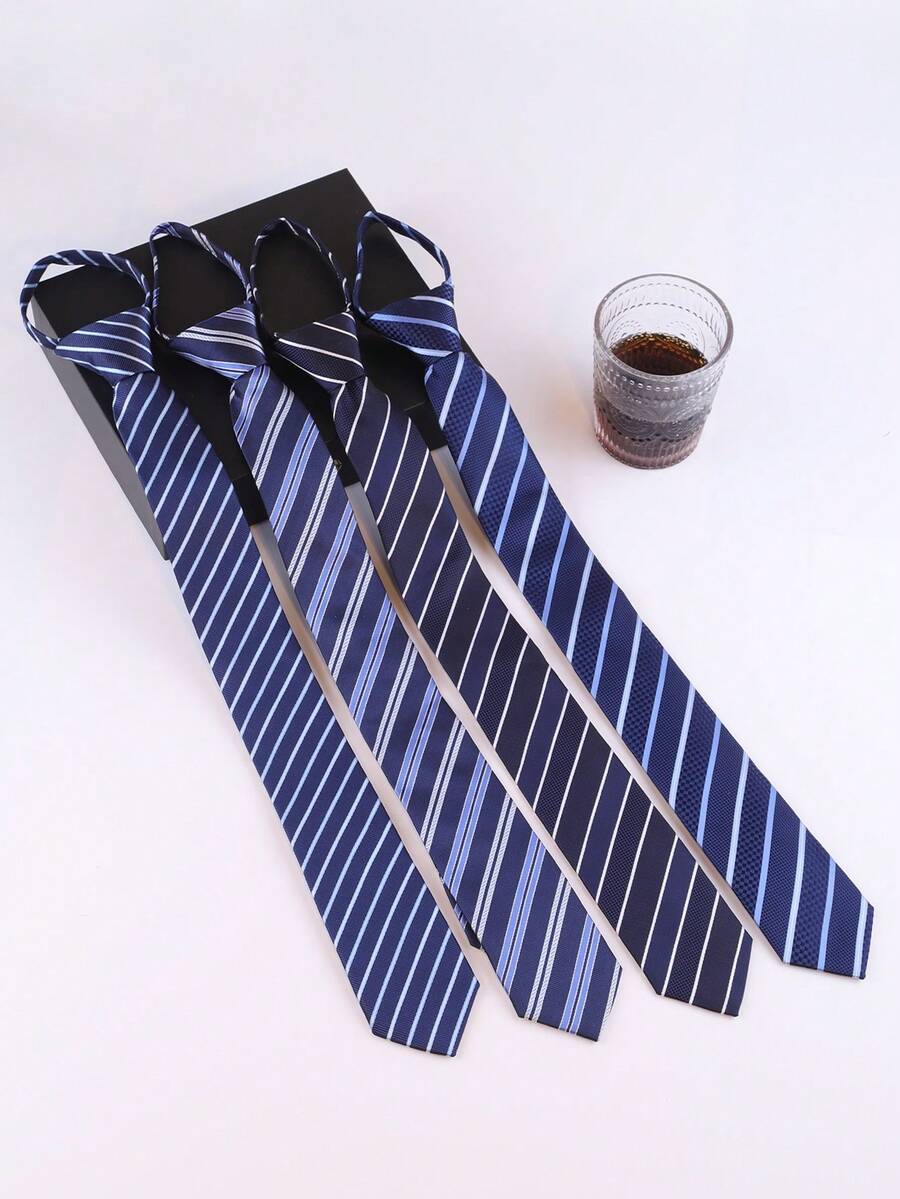 6cm Navy Blue Striped Zipper Tie, Optional Pattern, Men's Pre-Tied Necktie, Business Workwear Student Uniform Formal Tie - Multicolor - View 1