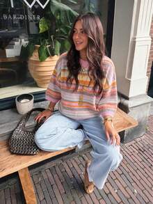 Women's New Autumn Colorblock Striped Knit Top, Casual Daily Commute College Style - Pink and Orange - View 2