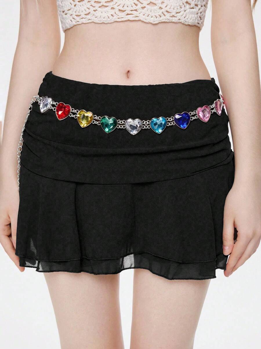 Subculture Accessory, Dopamine Style Rainbow Heart Waist Chain, Full Heart-Shaped Colorful Rhinestones With Rich And Transparent Colors, Silver Chain Minimalist And Versatile, Adjustable Chain Design For Easy Wear And Removal, Niche Personalized Accessory, Suitable For Daily Outings, Music Festivals And Various Styling Scenarios - Silver - View 1