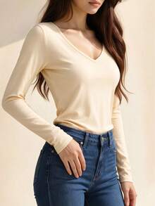 Women's V-Neck Apricot Long Sleeve T-Shirt, Slim Fit, Solid Color Basic Layering Top - Apricot - View 2