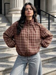 2026 Autumn/Winter New Women's Plaid Zipper Jacket, Jacket Coat, Fashionable Commuter Versatile Style - Rust Brown - View 2