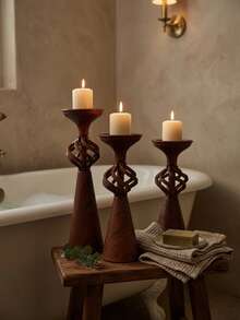 3Pcs/2Pcs/1Pc Wood Grain Metal Candle Holder Set, Modern Pillar Candle Stands, Sculptural Candlestick Holders, Rustic Home Decor, Farmhouse Decor, Boho Table Centerpiece, Living Room, Dining Table, Wedding, Christmas Decor, Housewarming Gift. - Vintage Design - View 8