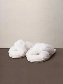 Hatastic Fall/Winter Women Cross Strap Fluffy Bedroom Slippers, Fabric Fashion Slippers White - White - View 1