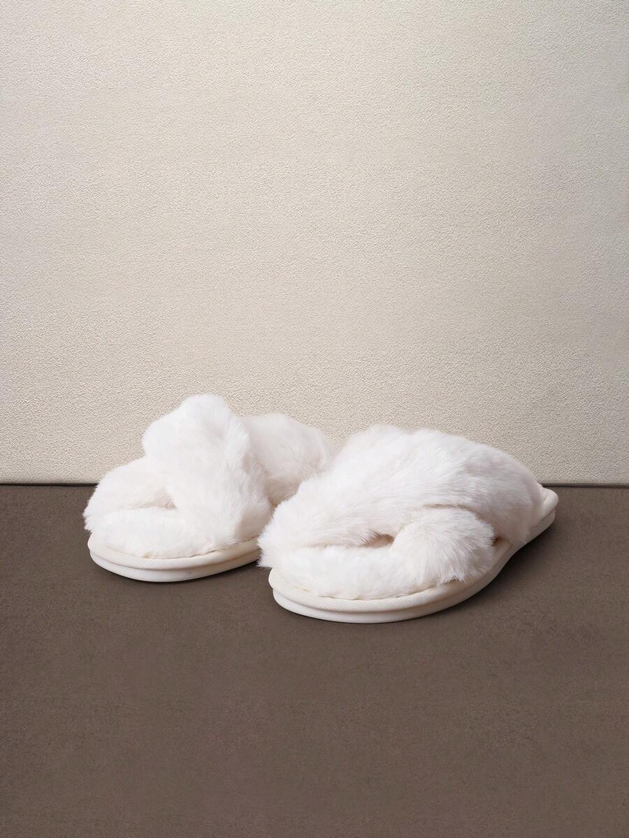 Hatastic Fall/Winter Women Cross Strap Fluffy Bedroom Slippers, Fabric Fashion Slippers White - White - View 1