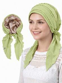 1pc Satin Lined Pre-Tied Headscarf, Ruffle Pleated Cotton Headwrap, Sleep Bonnet, Muslim Headwear - Multicolor - View 6