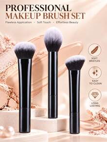 3pcs Makeup Brush Set, Powder Brush, Blush Brush, Foundation Brush, Contour Brush, Multi-Functional, Super Soft Bristles, No Cakey Finish, Exquisite Makeup Application - Black - View 1