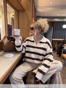 Plus-Size Cream Brown Striped Polo V-Neck Drop Shoulder Long Sleeve Ribbed Knit Pullover Women Casual Chic Homecoming Christmas Fall Winter - Khaki - View 2