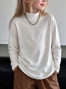 Girls' Faux Collar Long Sleeve T-Shirt, Slim Fit Solid Color Basic Casual T-Shirt For Autumn - White - View 2