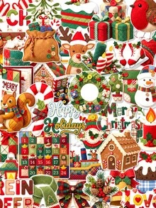 50Pcs Felt Style Christmas Stickers, Adorable Plaid Winter Holiday Xmas Element Decals, Scrapbook Journal Decorative Stickers, Cute Aesthetic Christmas Decor Stickers - Multicolor - View 7