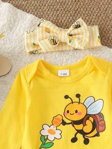 2pcs Baby Girl Cute Long Sleeve Bee Print Bodysuit + Flared Pants + Headband Set, Thin Spring/Autumn - Yellow - View 3