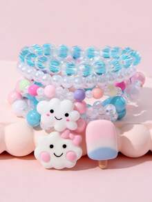 12Pcs Kids Beaded Bracelet Set With Ice Cream & Cloud Charms, Random Color, Cute Jewelry For Girls, Daily Wear, Holiday Party Favors & Birthday Gifts - Multicolor - View 3