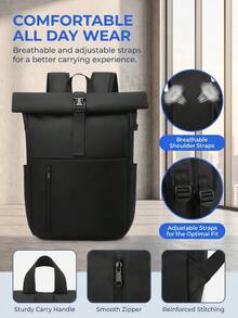 NEWHEY Men's Roll Top Backpack, Water Resistant Laptop Backpack, Large Capacity Casual Daypack For Business Commute Travel School - Black - View 5