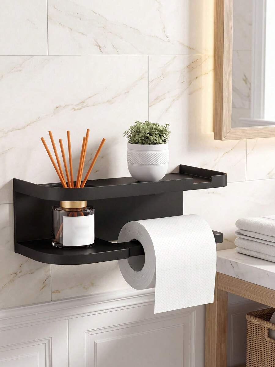 Drill-Free Detachable Washable PP Toilet Paper Holder, Wall-Mounted Multi-Function Storage Rack With Anti-Drop Edge And Fragrance Bottle Opening, Waterproof Bathroom Tissue, Kitchen Paper Towel And Home Accessories Organizer - Multicolor - View 1