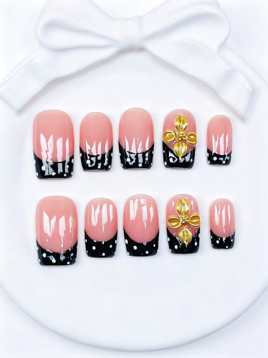 10pcs Short Square Handmade Press On Nails, Cute Y2K Pink French Tip Nails, With Cow Print, 3D Flower & Line Decor, Fall Nails, French Nails, Y2K Nails, Pink Nails, Short Nails, Reusable Acrylic Nails For Vacation & Daily Wear - Black - View 1