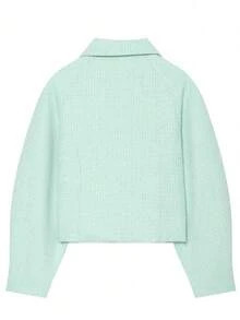 Women's Tweed Cropped Jackets Zip Up Collared Long Sleeve Casual Outerwear Mint Green Short Jacket Fall Outfit For Women - Mint Green - View 4