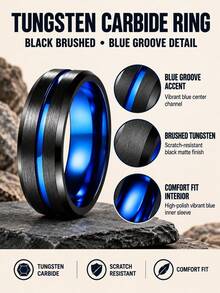1pc Men's Black & Blue Tungsten Steel Ring - 8mm Center Groove Design With Beveled Edge, Suitable For Daily Wear And Special Occasions - Black - View 3