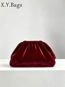 Women Black Velvet Clutch Ruched Cloud Bag Elegant Evening Party Wedding Shoulder Date Night - Burgundy - View 7