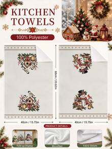 2PCS Kitchen Towels, Christmas Bird Wooden House Vintage Snowman Pattern Kitchen Towels Dish Cloths, 40*60cm Rectangular Soft Microfiber Cleaning Kitchen Towels, Perfect For Kitchen, Dining Room And Bathroom Use, Kitchen Decor, Home Decor, Neighbor Housewarming Gift, Dish Cloths - Multicolor - View 3