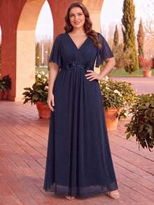 EVERPRETTY Plus Size Elegant Ruffle Sleeve Embroidered Applique Shiny Navy Blue Formal Evening Gown Suitable For Wedding Guest Semi-Formal Occasions Party - Navy Blue - View 1