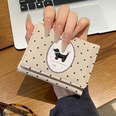 Korean Style Polka Dot Necklace Dog Design ~ Women's Short Trifold Wallet Student Fashion Patent Leather In Stock