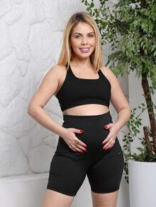 Shorts gestante bermuda curta suplex grávida maternidade suporte barriga alto conforto sustentação legging tamanho único curve e plus size - Preto - Visão 6