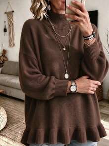 Plus Size Women's Fuzzy Medium Stretch Knit Stand Collar Ruffle Hem Pullover Sweater, Suitable For Autumn/Winter Wear - Brown - View 4