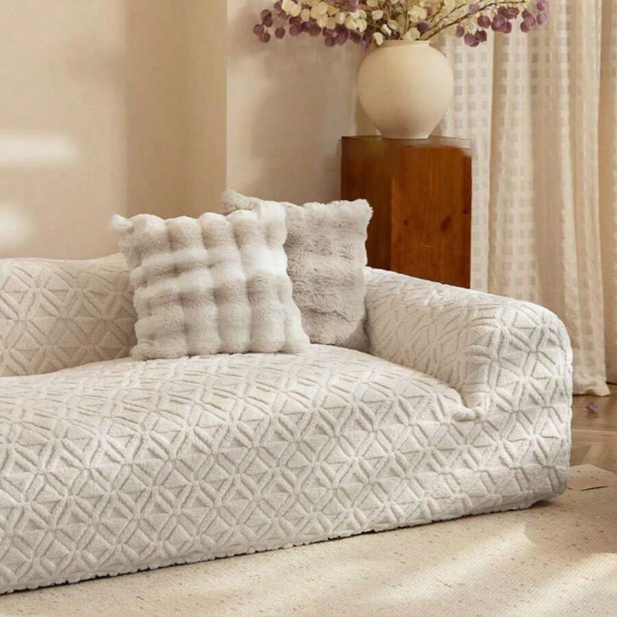 1pc Solid Color Jacquard Elastic Sofa Cover, Ins Style All Season Machine Washable, Pet-Friendly Stain-Resistant Durable, Suitable For Living Room Bedroom Dining Room Outdoor, 1-2-3-4 Seater Sofa Cover - Beige - View 1