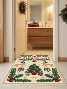 1PC Rice Base Hand-Painted Reindeer Christmas Tree Pattern Decorative Rug, American Vintage Cozy Childlike Faux Cashmere Rectangular Machine Washable Asymmetrical Carpet, Suitable For Christmas/Entryway Bathroom Kitchen Bedside Mat/Winter Holiday Atmosphere Home Decor - Multicolor - View 4
