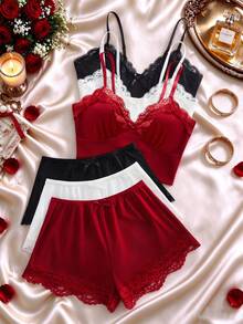 6pcs/Set Women's Lace Trim Ribbed Camisole & Elastic Waist Shorts Pajama Set, Soft Knit Lingerie Homewear - Multicolor - View 3