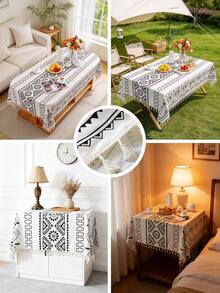 MineLain 1pc Minimalist Black & White Geometric Tablecloth, Rectangular Table Runner, Beige Tassel Decor, Coffee Table, Bedside Table, Sideboard, Small Table Cover, Tabletop Decor, Home Decor, Suitable For Kitchen, Dining Room, Living Room, Dinner, Party, Picnic, Outdoor, Holiday Decor, All Seasons - Black and White - View 3
