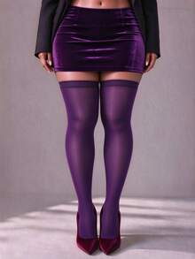 1 Pair Plus Size Solid Purple Semi-Sheer Knee-High Socks, Wide Cuff Long Socks For Party Outfit - Multicolor - View 4