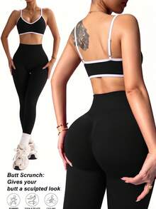 Conjunto deportivo de mujer con top de yoga sin costuras ajustado y leggings de cintura alta ajustados - Negro - Ver 2
