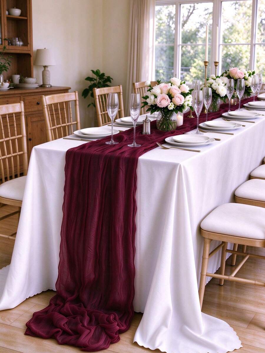 12pcs 16.9x118 Inch Tablecloth, 10ft Bohemian Romantic Long Tulle Tablecloth, Suitable For Wedding Party And Bridal, Christmas Table Decor