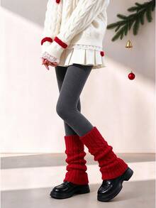2Pcs Women Christmas Sock Set, High Elastic Ribbed Grey Tights + Red Twisted Cable Knit Slouchy Leg Warmers, Warm Cozy Boot Socks For Holiday Party - Multicolor - View 2