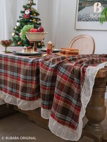 Christmas Plaid Ruffle Edge Tablecloth, Vintage Scottish Tartan White Ruffle Edge Tablecloth, Christmas Dinner Party Holiday Decoration Tablecloth, Farmhouse Style Home Kitchen Dining Room Table Decor - Brown - View 8