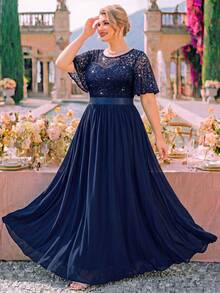 Plus Sequin Floral Lace Butterfly Sleeve Chiffon Pleated Hem Evening Party Long Dress, Wedding Guest Dress, For Birthday, Prom, Dinner, Festivals - Navy Blue - View 4