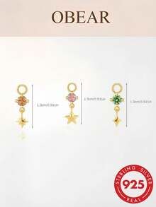New S925 Sterling Silver Colorful Zirconia 8-Point Star Pierced Pendant Earrings, Personalized Exquisite Accessory - Gold - View 5