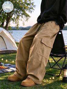 Men's Lightweight Contrast Stitching Cargo Pants, Loose Fit, Elastic Drawstring Waist, Multi-Pocket Design, Daily Commute / Streetwear / Casual Versatile, High Street Style Long Pants, Perfect Gift For Boyfriend And Dad - Khaki - View 4