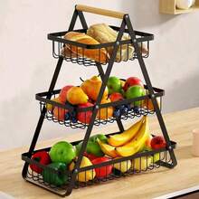 2-Tier And 3-Tier Optional, Wooden Handle Fruit Basket, Portable Fruit Bowl, Kitchen Countertop Storage Rack, Detachable Rectangular Metal Basket, Suitable For Fruit, Vegetables, Bread, Snacks, Bananas, Home Decor Storage Rack - Multicolor - View 17