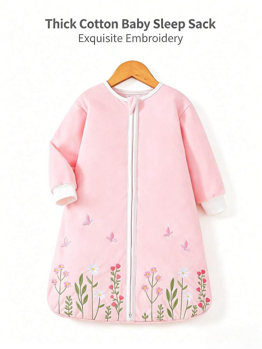 1PC Soft & Comfortable Exquisite Floral Embroidered Long Sleeve Baby Sleeping Bag, Delicate Gift For Newborn Baby, Suitable For Home And Travel Use - Pink - View 1