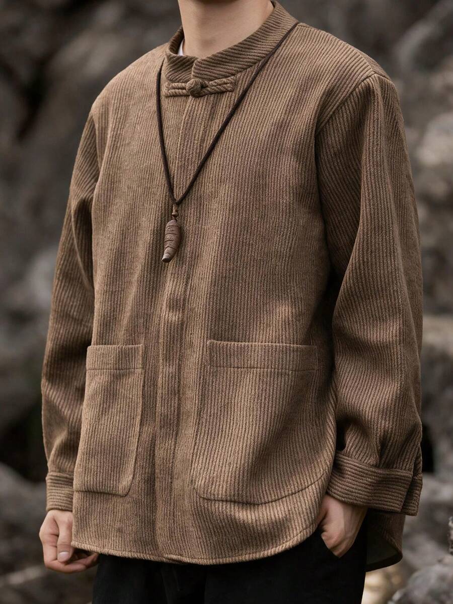GOLDREDY New Chinese Style Striped Textured Frog Button Shirt Men Spring Autumn Stand Collar Tang Suit Loose Fit National Style Long Sleeve Tea Ceremony Jacket - Brown - View 1