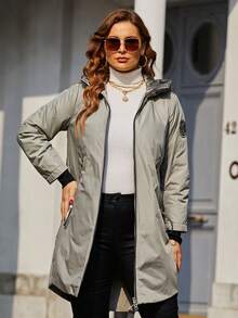 Astrid Plus Size Winter Casual Denim Detail Hooded Mid-Length Cotton Padded Coat - Beige - View 6