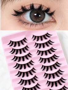 10 Pairs Cartoon Style False Eyelashes Set, Includes 1/5 Eyelash Brushes And 1 Eyelash Curler, Pointed Cat Eye Design, Natural Anime Look, Korean Style Single Cluster Fine False Eyelashes, Japanese Cosplay Exaggerated Dense Eyelash Extensions - Multicolor - View 13