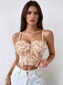 Floral Studded Fishbone Bustier With Padded Cups, Sexy High-End Camisole Tank Top For Clubbing, Wearable As Inner Layer Or Outerwear - Apricot - View 2
