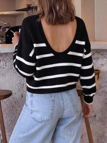 Just Masa Women's Casual Loose Striped Backless Short Long Sleeve Sweater, Winter - White and Black Stripes - View 1