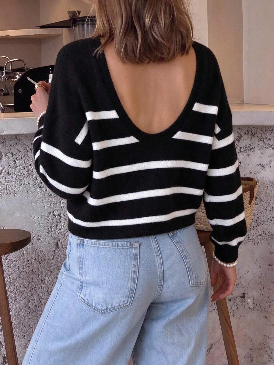 Just Masa Women's Casual Loose Striped Backless Short Long Sleeve Sweater, Winter - White and Black Stripes - View 1